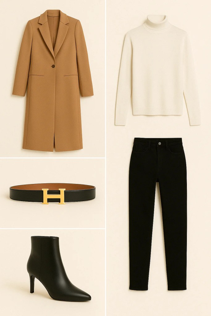 A collage of five fashion items: a long camel coat, a cream-colored turtleneck sweater, black skinny jeans, a black belt with a gold "H" buckle, and black heeled ankle boots.