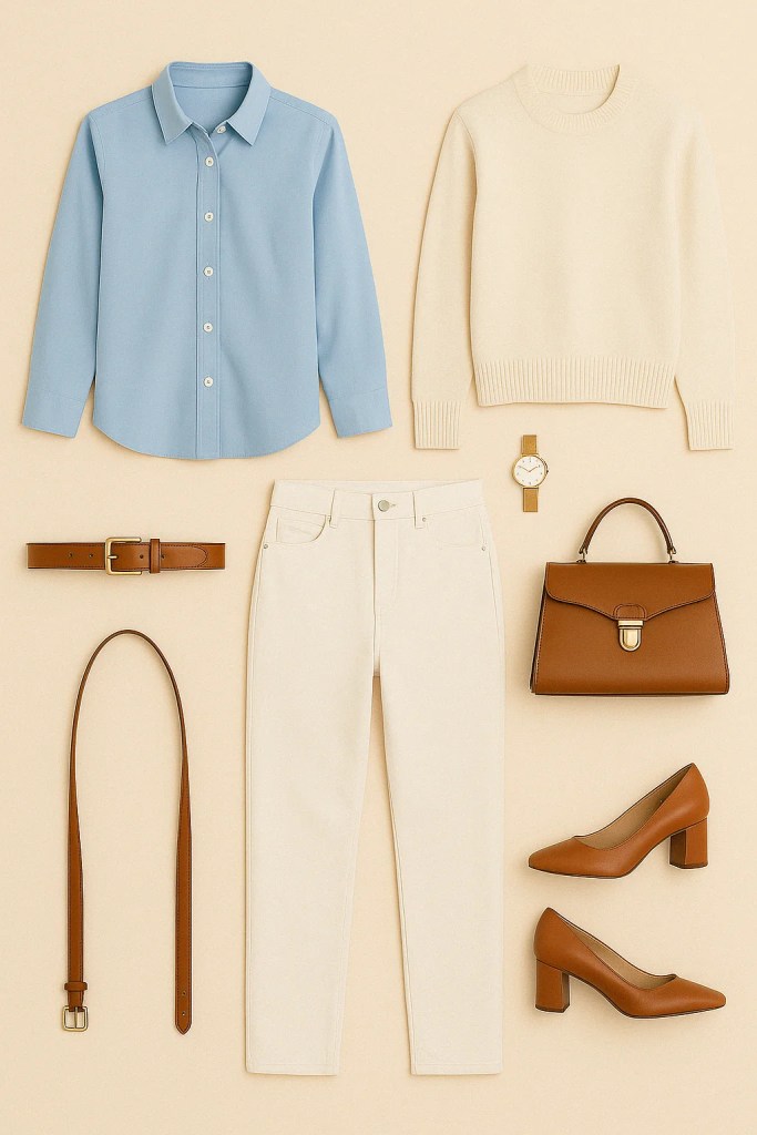 A flat lay of a light blue button-down shirt, white jeans, a brown belt, a brown handbag, brown shoes, a cream sweater, and a watch.
