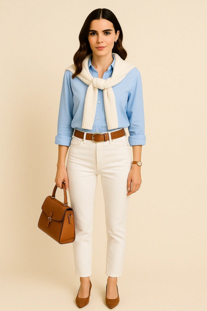 A woman in a light blue button-down shirt, white jeans with a brown belt, and brown shoes, carrying a brown handbag and with a cream sweater draped over her shoulders.