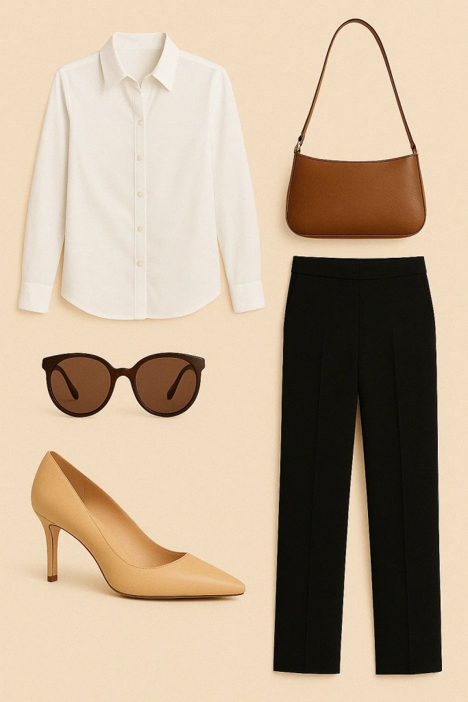 A flat lay of a white button-down shirt, black trousers, a brown shoulder bag, sunglasses, and beige heels.