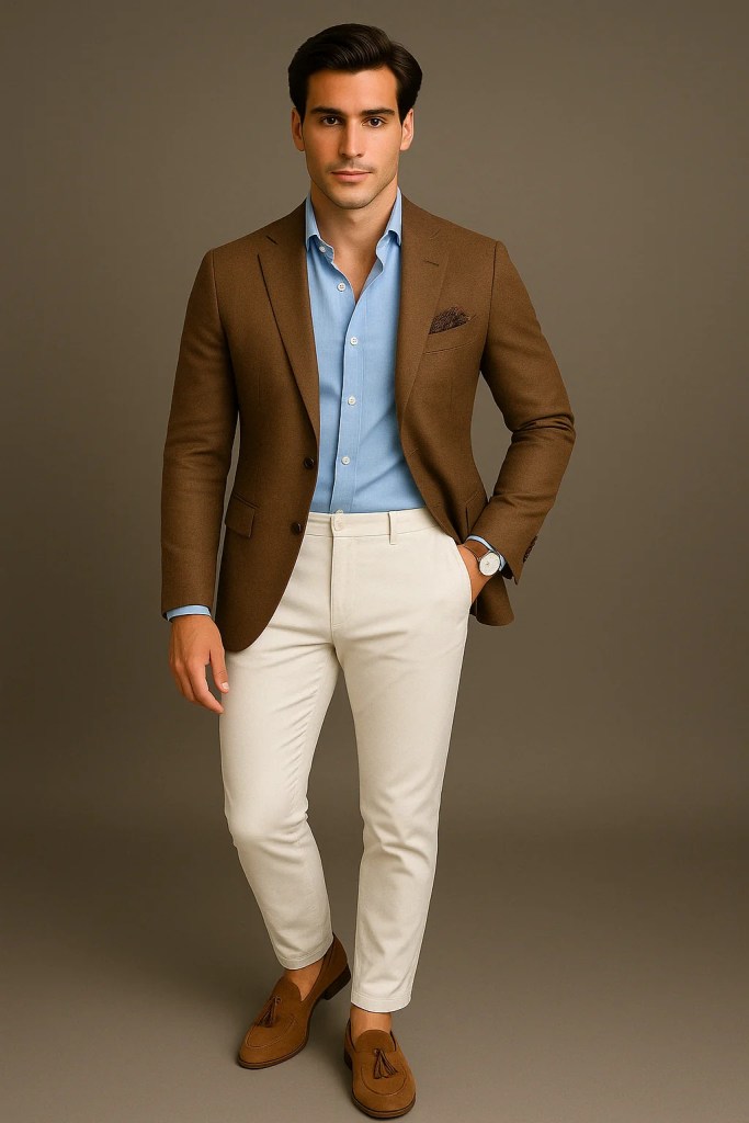 A man in a brown blazer, light blue shirt, and white pants, paired with brown loafers.