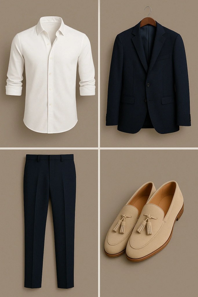 A flat lay of a white dress shirt, a navy blue blazer on a hanger, dark blue dress pants, and beige loafers.