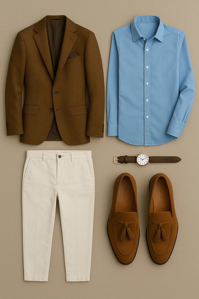 A flat lay of a brown blazer, light blue button-down shirt, white chinos, brown loafers, and a watch.