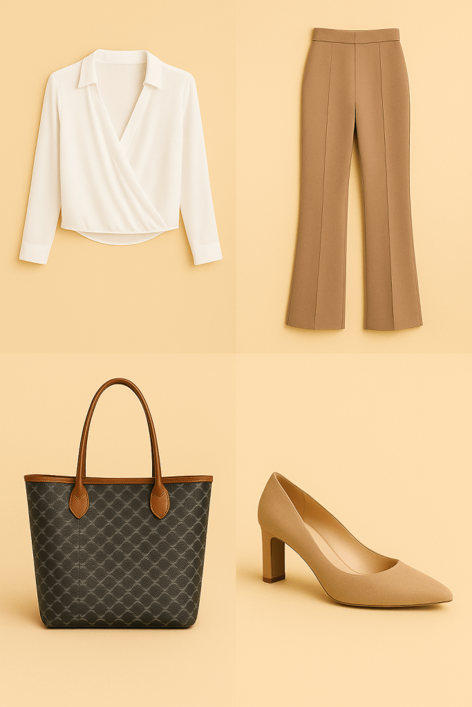 A flat lay of a white wrap blouse, brown high-waisted trousers, a patterned tote bag, and beige heels.